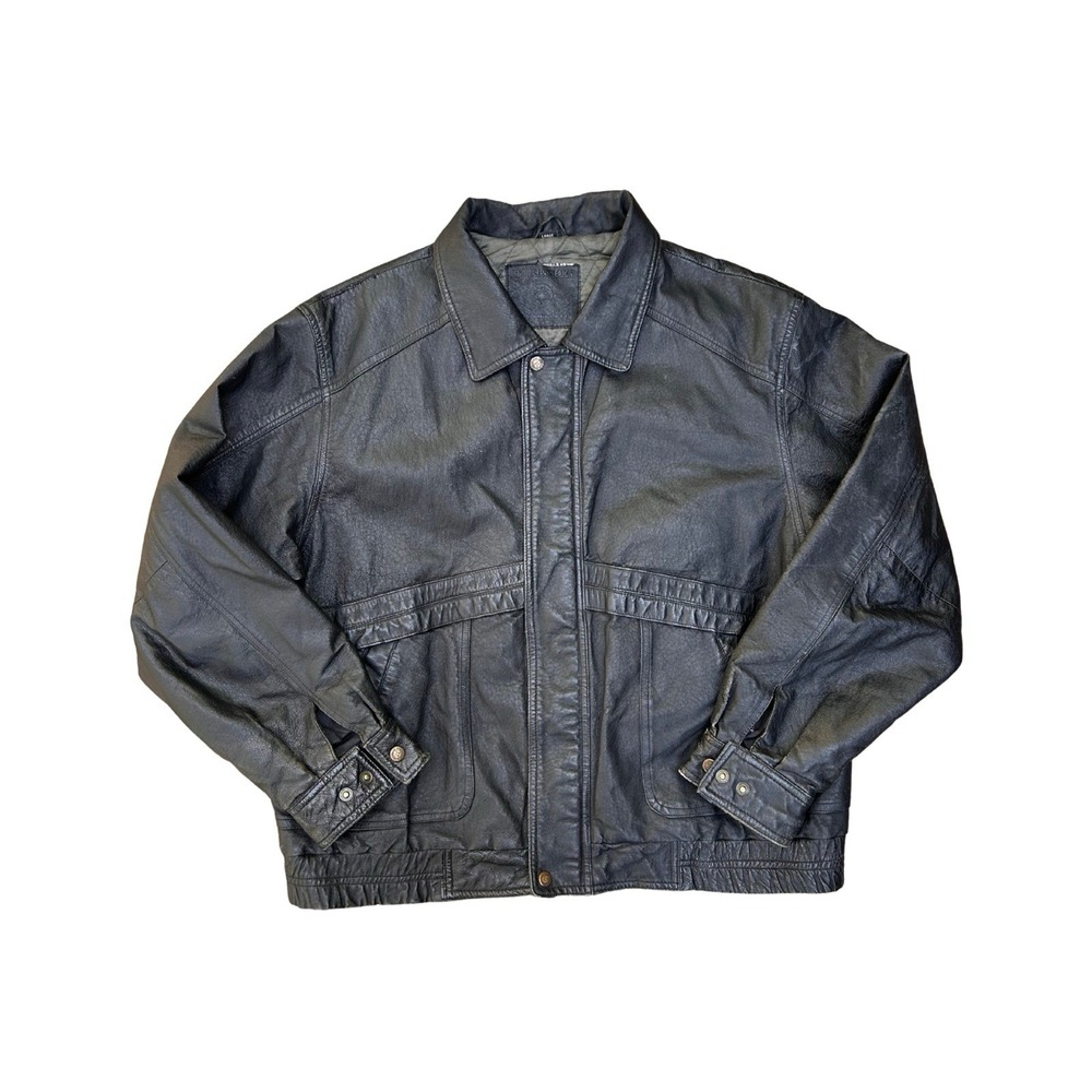 VINTAGE, Bomber, 90's Black Leather Jacket Collared Zip Up Size Large